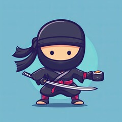 Cute Sushi Logo, Ninja Holding Sword Katana Cartoon, Japanese Food Icon, Cartoon Minimal Ninja