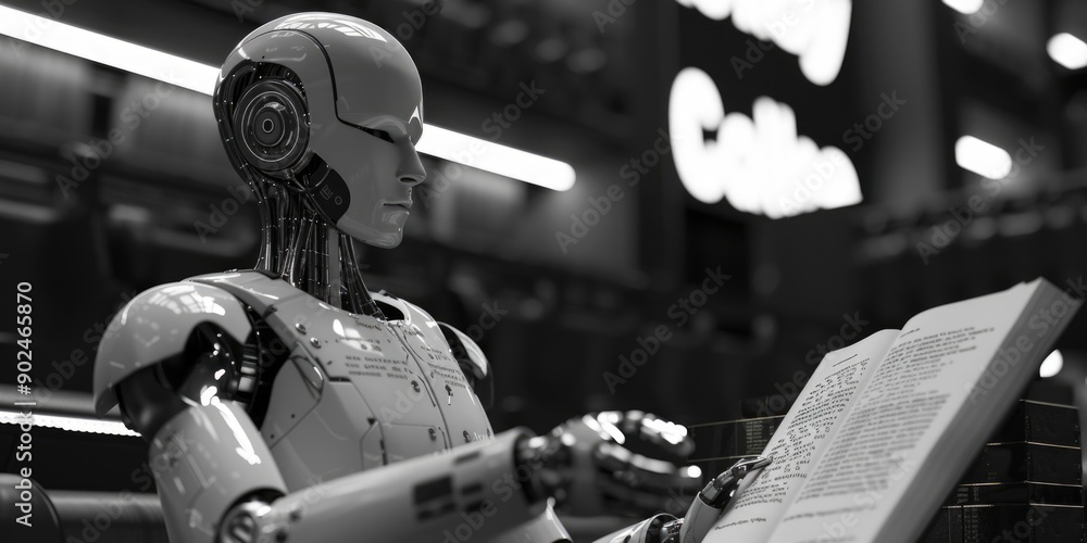 Poster A robot sitting at a desk in a quiet library, surrounded by books and reading from a volume