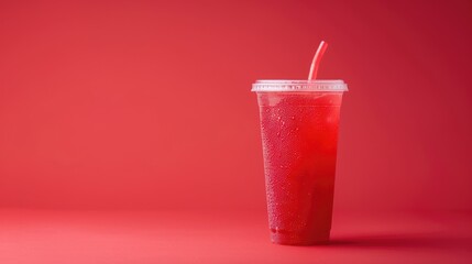Red drink in a plastic cup isolated on a red pastel background. Take away drinks concept with copy space