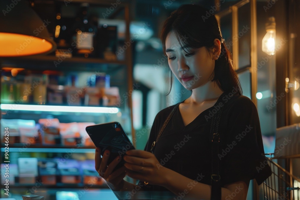 Poster a person looking at their smartphone, possibly reading messages or browsing the internet