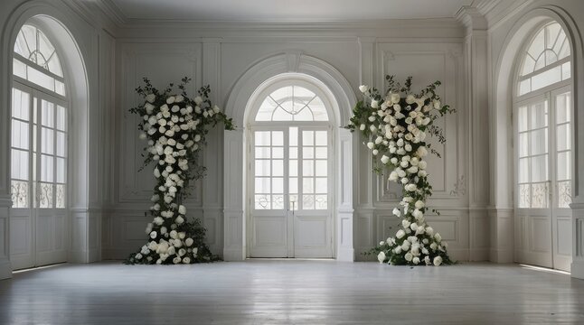 Elegant white room with arched doorways and lush floral arrangements, digital backdrop