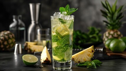 Fototapeta premium Coconut pineapple mojito cocktail artfully presented in a tall glass. Pineapple cocktail with ice tube.