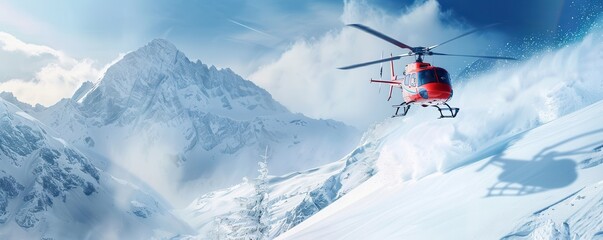 Rescue helicopter landing in snow mountains with skier nearby. Free copy space for banner.