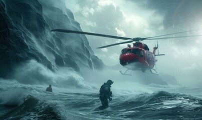 Fototapeta premium Rescue helicopter flying in stormy weather over turbulent sea. Free copy space for banner.