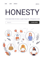 Mental Health Concept honesty theme diverse people. Illustration features six individuals in circles surrounded by flowers leaves and abstract elements. Website design