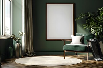  Poster frame mockup in dark green living room interior, 3d render, generative ai