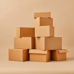 Obraz premium A stack of beige cardboard boxes placed on a neutral background, symbolizing packaging, shipping, or storage solutions. Ideal for logistics, e-commerce, or minimalist design themes.