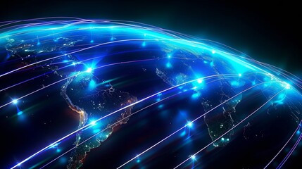 Global communications concept with a close up of a blue globe with many lines and dots.