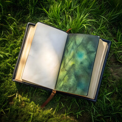 open notebook on grass