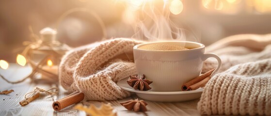 Fototapeta premium Cup of Steaming Tea Coffee, Knitted Blanket and Cinnamon Anise. Cozy Hygge Atmosphere at Home. Selective Focus.