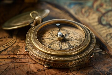 Vintage compass on an antique map