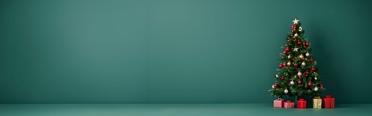 horizontal image, decorated Christmas tree, isolated green empty background, copy space for text. For banner, design, invitation, blog, linkedin, business, social media