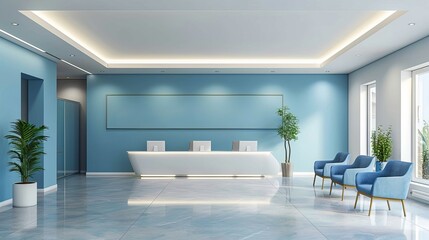 Fototapeta premium Modern Hospital Lobby Lounge with Blue Interior Design - Dental and Aesthetics Clinic, Healthcare Background