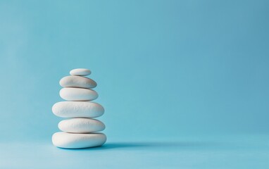 A carefully stacked pile of smooth white stones on a soft blue background, symbolizing balance, mindfulness, and tranquility. Perfect for wellness, meditation, and minimalist themes.