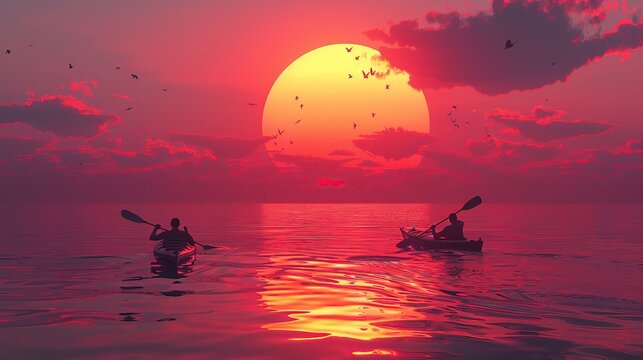 A minimalistic depiction of a sunset kayaking excursion AI generated illustration. copy space for text.