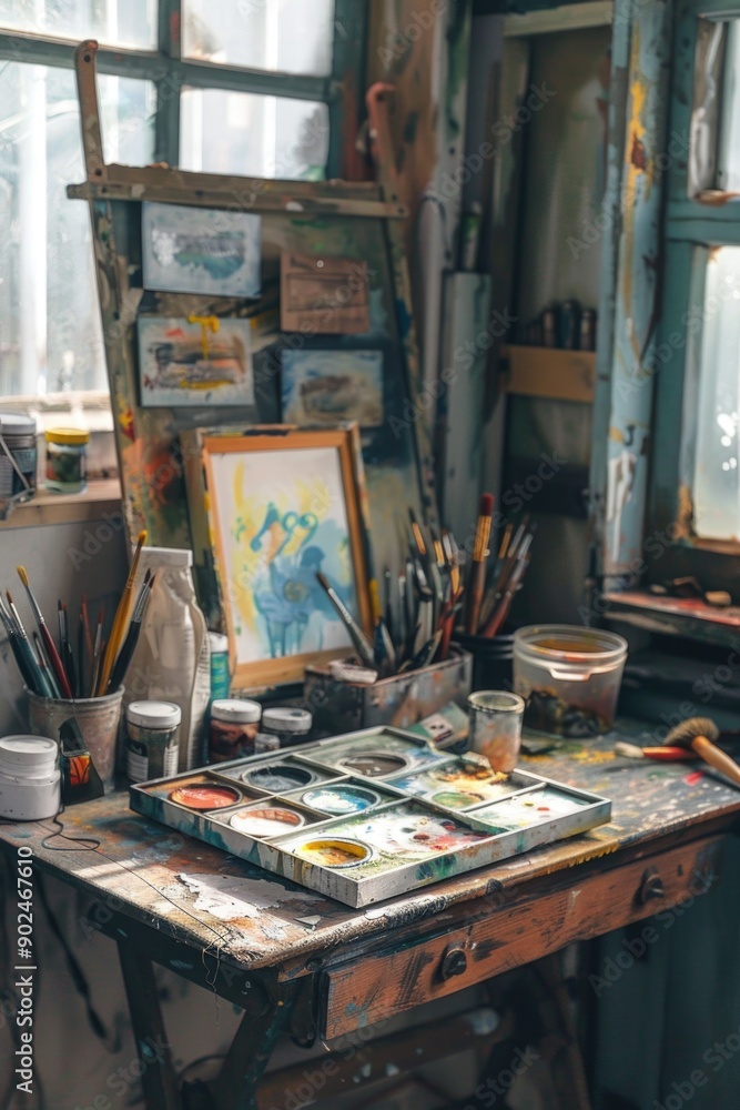 Poster A table filled with paints and brushes, ideal for art projects or craft tutorials