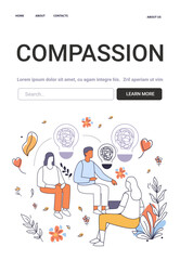Fototapeta premium Mental Health Concept Compassion group therapy session people discussing mental wellness surrounded by flowers and hearts lightbulb icons website design