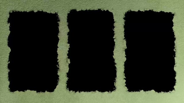 Three vertical black pillarbox for video or image in video with earth natural green textured paper background, ready for luma key