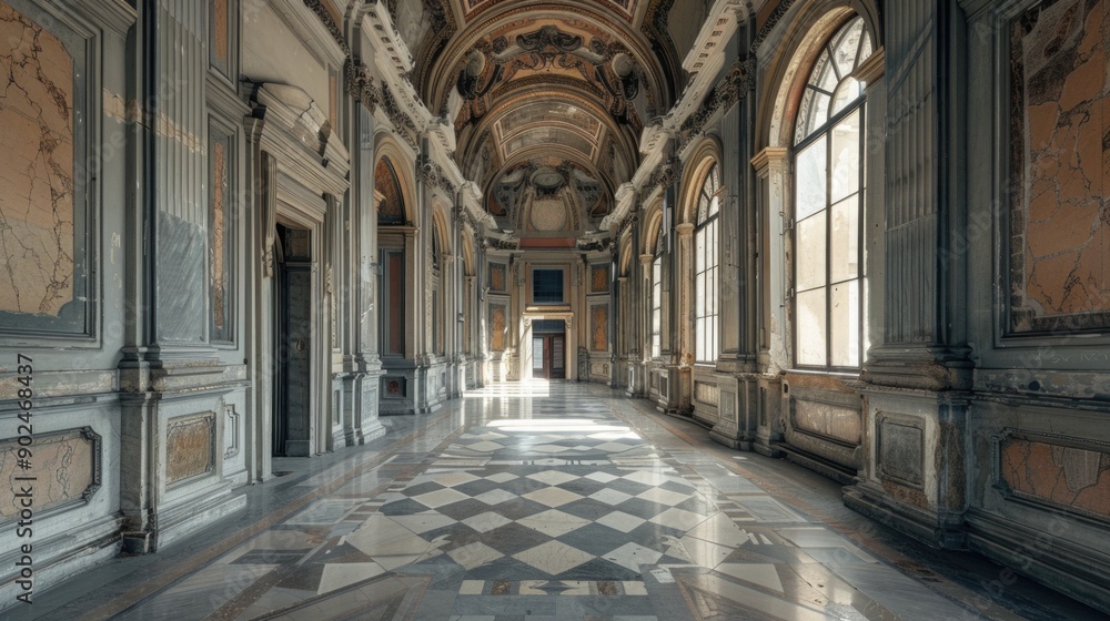 Poster a long hallway with many windows and a checkered floor