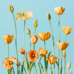 Fototapeta premium A vibrant arrangement of yellow tulips in various stages of bloom set against a bright blue background, symbolizing spring and renewal. Perfect for floral, seasonal, or nature themes.