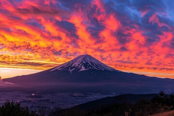 Fototapeta premium Breathtaking sunset over Mount Fuji, with vibrant colors illuminating the sky and snow-capped peak, creating a stunning natural landscape.