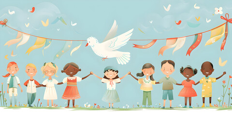 Joyful Children Holding Hands Under a Peace Dove Banner Embracing Diversity and Unity