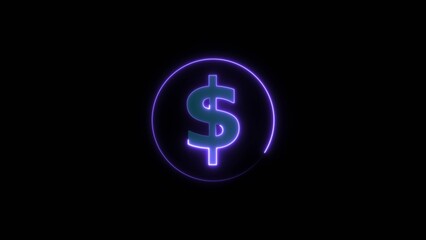 Doller icon neon glowing purple color 4k illustration and purple circle on black background.
