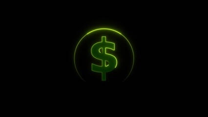 Doller icon neon glowing green color 4k illustration and green circle on black background.