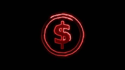 Doller icon neon glowing red color 4k illustration and red circle on black background.