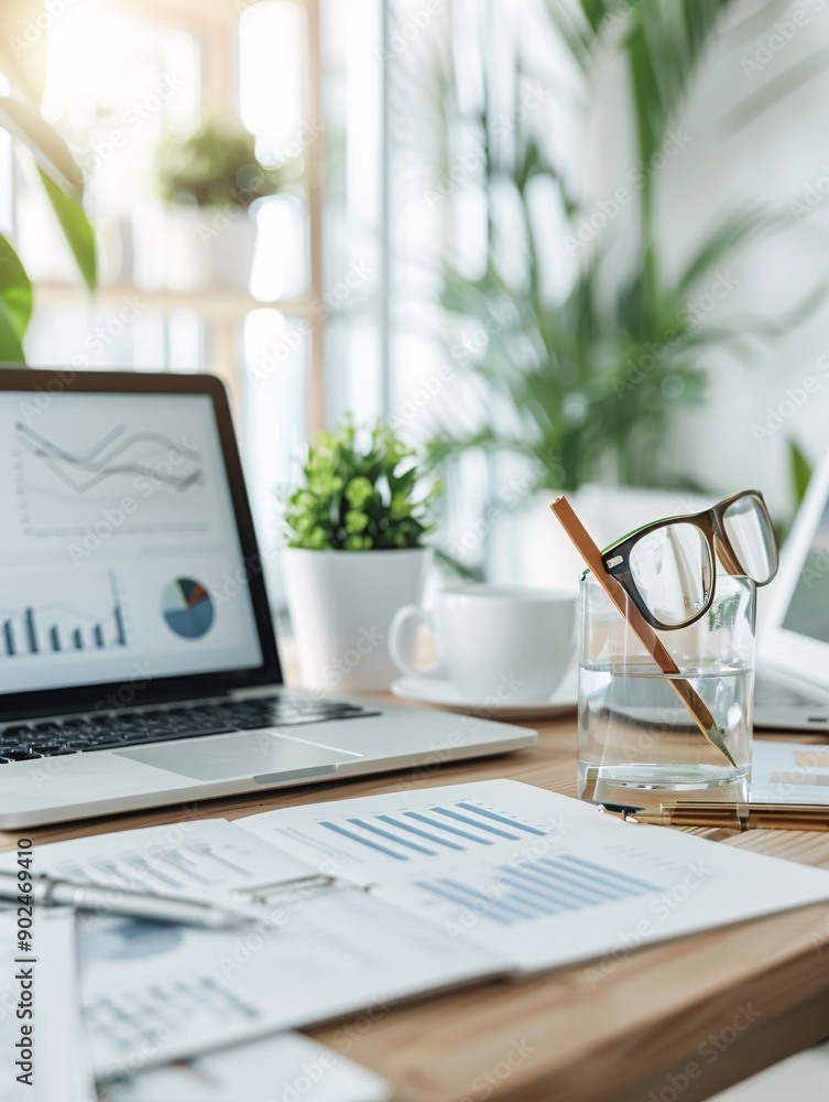 Aufkleber creative workspace with seo graphs and charts, focusing on content creation