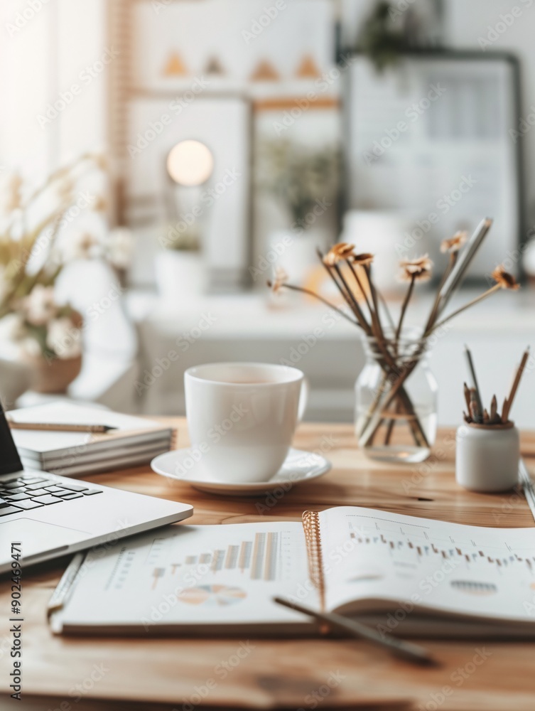 Poster creative workspace with seo graphs and charts, focusing on content creation