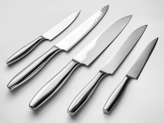 Obraz premium Sleek Stainless Steel Knife Set, Modern and Functional Design on White Background