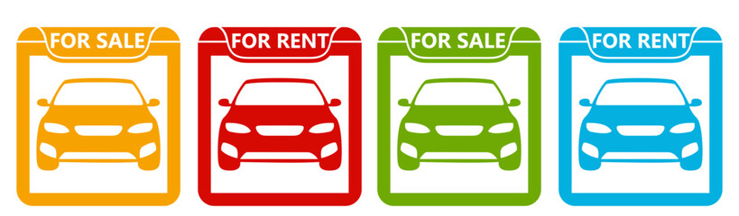 set car for sell and rent icon sign. Car dealership promotional symbol labels design vector illustration
