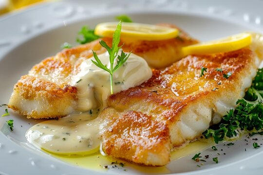 White Fish Fillet, Breaded Pike Perch, Zander Fillet with Cream Sauce Closeup, Restaurant Main Course