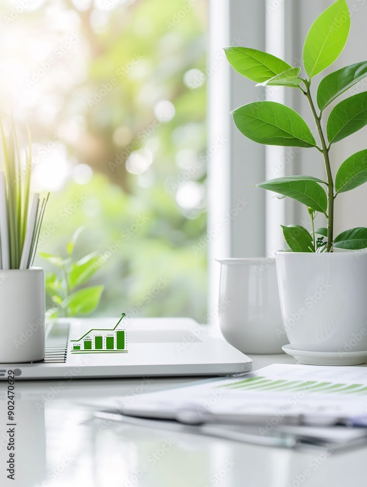 Aufkleber a natural workspace with seo graphs and green elements, emphasizing content creation