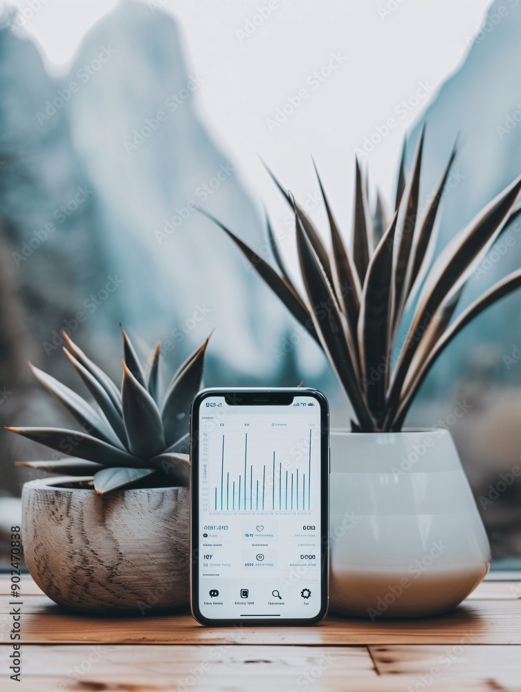 Poster a professional setup with a smartphone displaying social media analytics against a natural backdrop