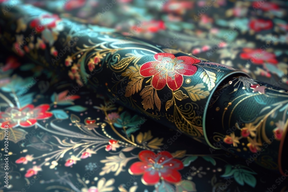 Poster a roll of fabric with a colorful floral design