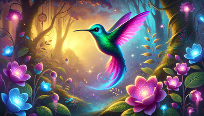 Fototapeta premium Enchanted Garden: Hummingbird Among Glowing Blooms at Twilight