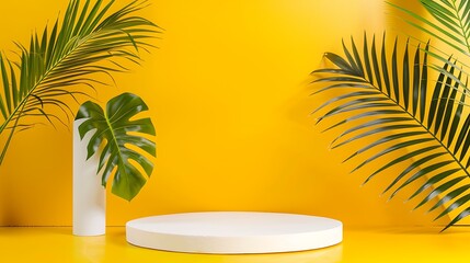 Fototapeta premium Tropical Product Display with Palm Leaves and White Platform