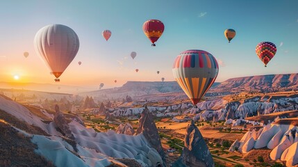 Obraz premium Amazing panoramic view of sunrise Cappadocia landscape with colorful hot air balloons in the love valley- Travel destination concept Turkey. copy space for text.