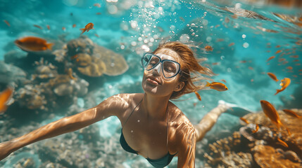 Naklejka premium Young woman in swimsuit and glasses swimming underwater in coral reef.