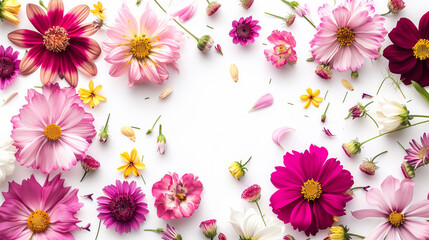 Creative summer flower arrangement: Daisy, cosmos, blanket flower, aster, zinnia, tickseed, sunflower, doronicum on white background. Floral frame border. Top view, flat lay.