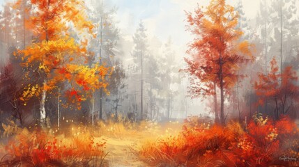 Pastel Painting. Colorful Autumn Landscape with Red and Orange Trees in Forest