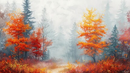 Pastel Painting. Colorful Autumn Landscape with Red and Yellow Trees in a Foggy Forest