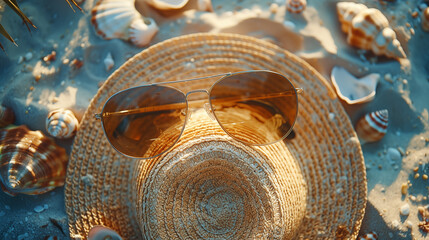 Straw hat and sunglasses on the beach. Selective focus. nature.
