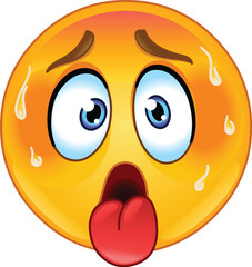 Hot face emoji emoticon with sweat drops, tongue out, and a flushed expression