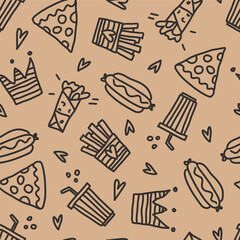 seamless pattern of hot dog, pizza, shawarma, fries. doodle vector illustration. Template for Notebook covers, pattern for wallpapers, for cafe, fast food restaurant. hand-drawn vector art. junk food