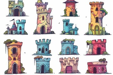 Naklejka premium Castle icon, fairy tale forts, old towers, medieval castles, kingdom symbol, king home, fairytale fortress