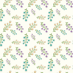 Abstract floral seamless pattern with pastel colors little flowers and leaves on a light skin background.