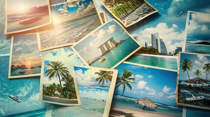Collection of travel photographs featuring various scenic destinations including beaches, cities, and landscapes. copy space for text.